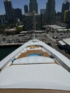 Looking over the bow of the Disney Wonder at the San Diego city scape while pier side.