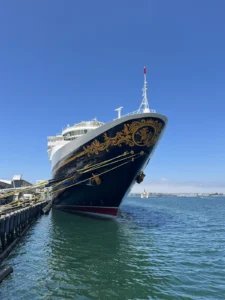 Looking at the bow of the Disney Wonder while standing on the pier