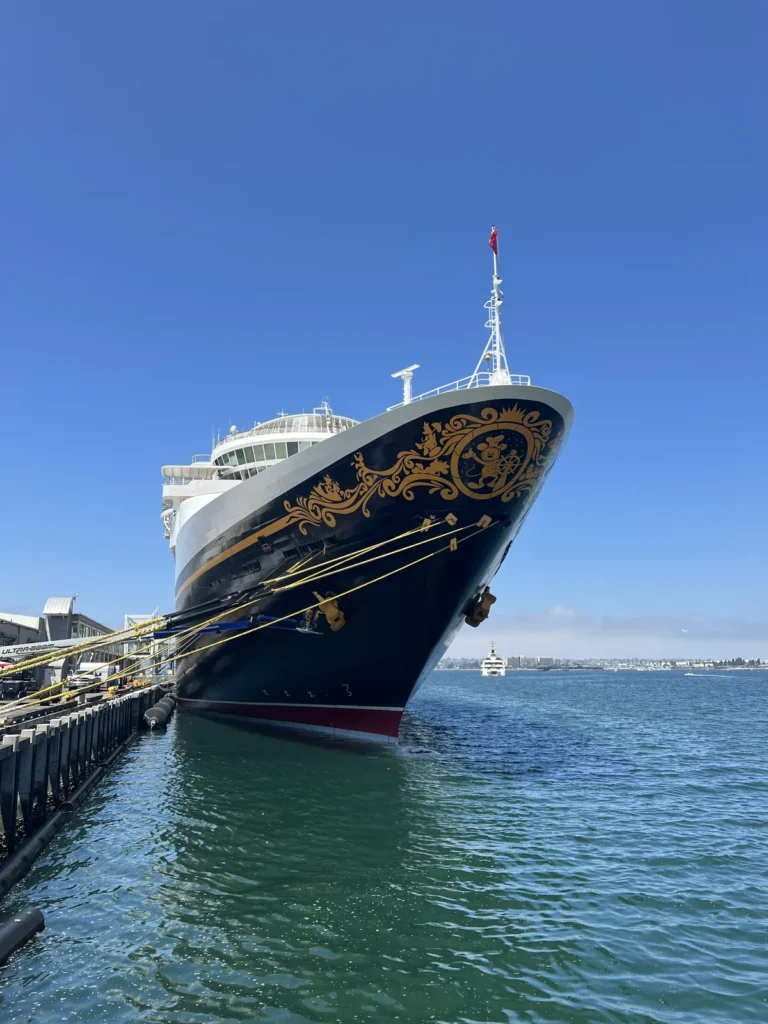 Looking at the bow of the Disney Wonder while standing on the pier