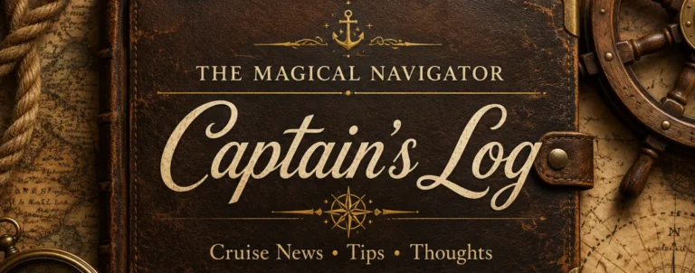 Image of a leather bound log book that says" The Magical Navigator" on the cover. A description of Cruise News, Tips, anf Thoughts