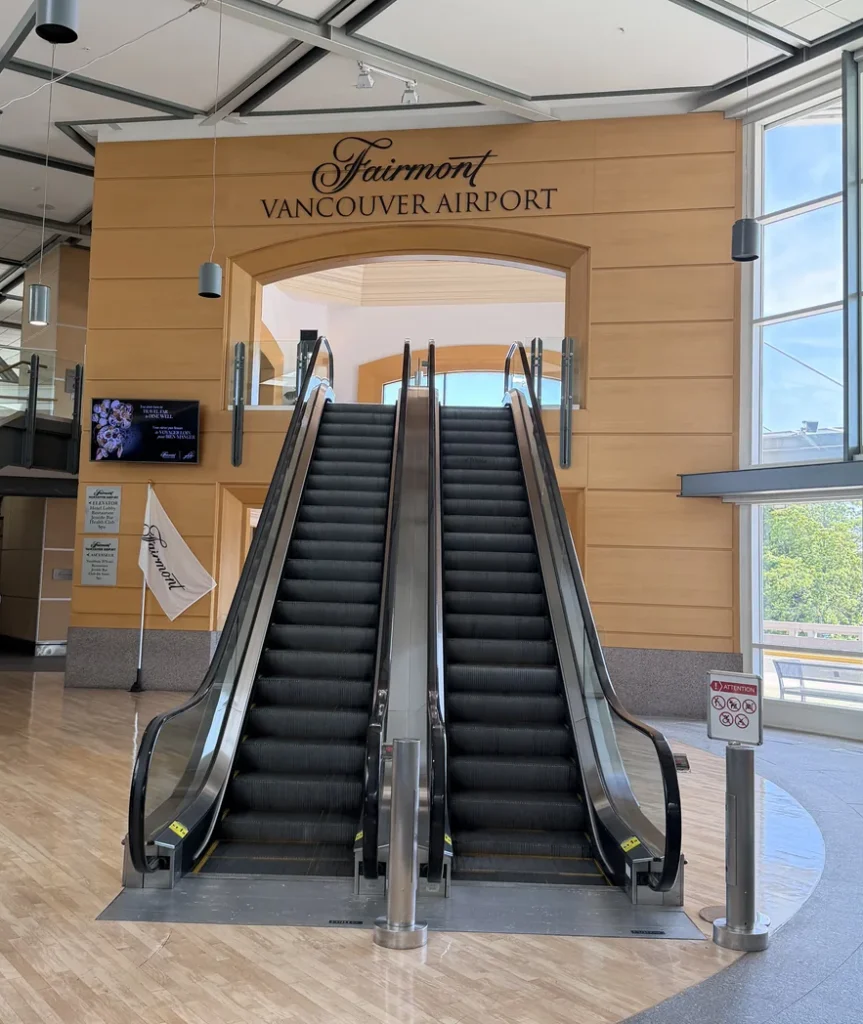 View of the escalator going up to the Vancouver Fairmont airport hotel