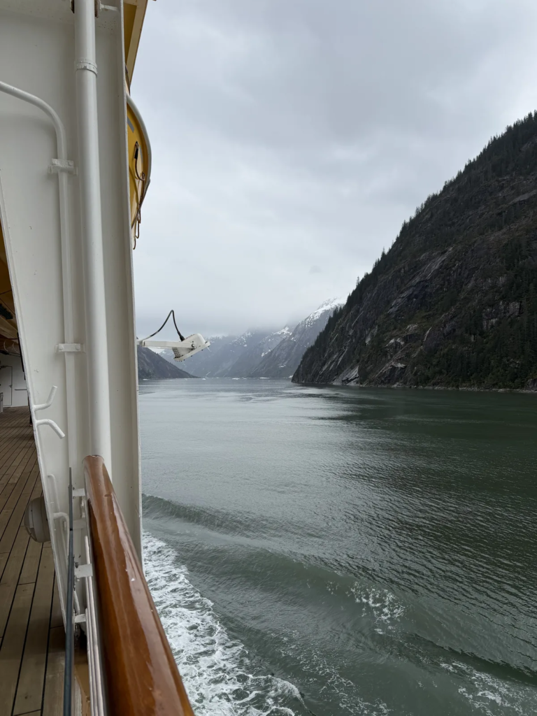 View looking down the ship inside the Endicott arm while traveling to see the Dawes glacier.