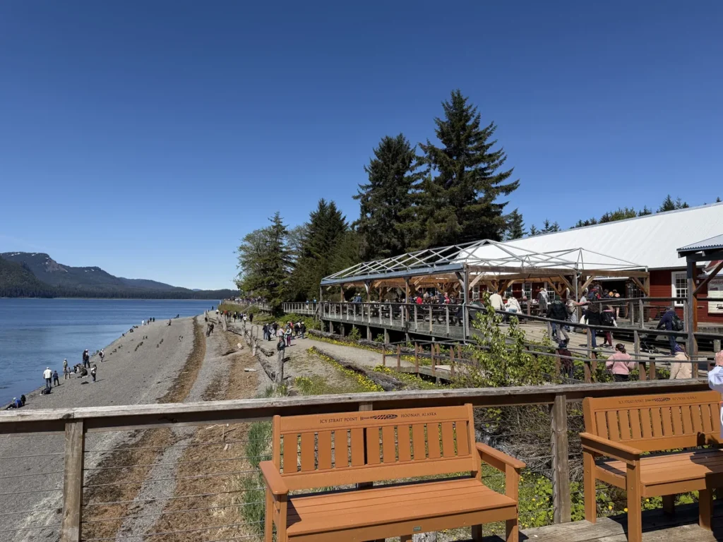View of the beach and walking path from the old cannery in Icy Straight Point
