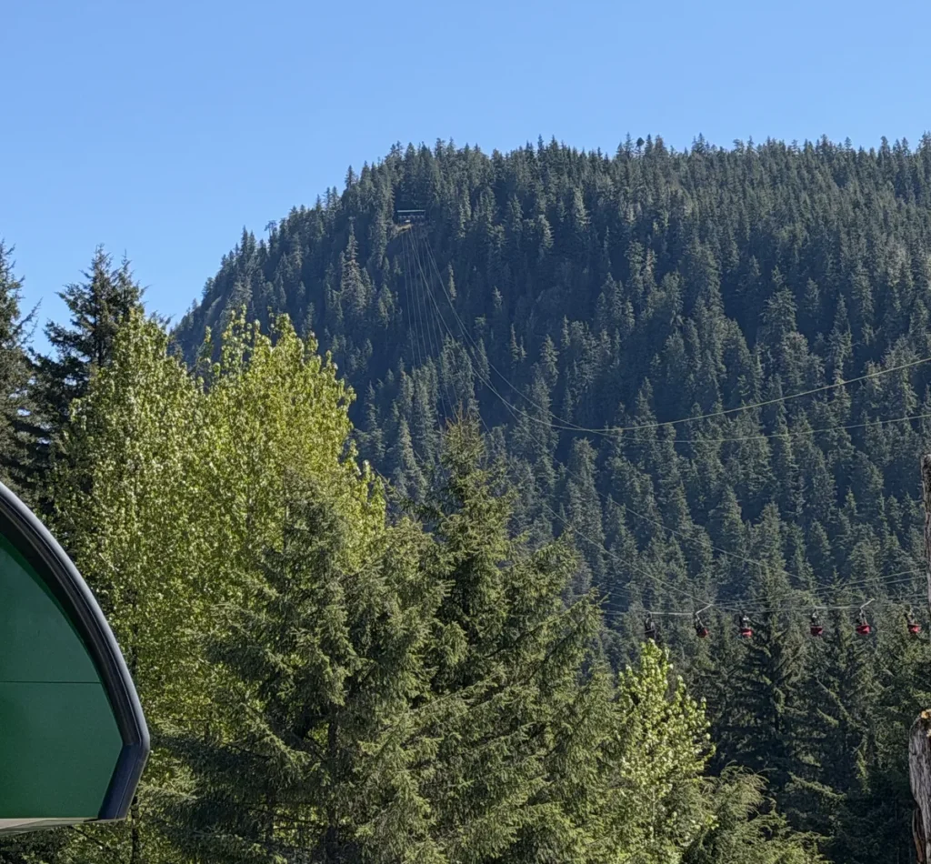 Zoomed in picture showing the zipline launch station on the top of the mountain.