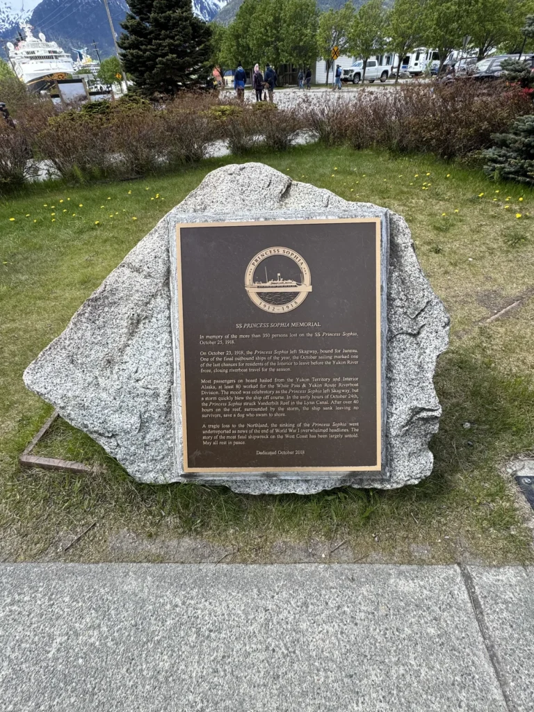 Plaque in a park by the dock remembering the sinking of the S.S. Princess Sophia