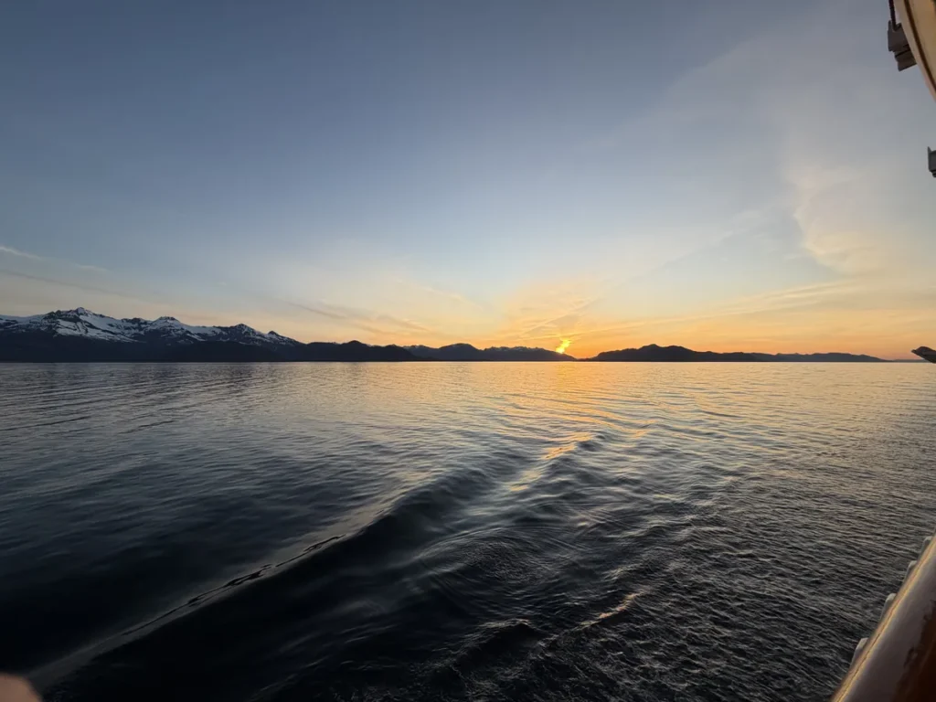 Sunset view from the Inside Passage on the last sea day returning to Vancouver