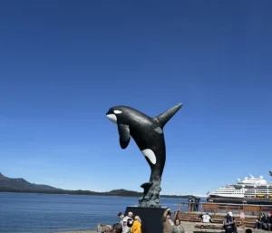 Monument of an Orca whale breaching in Icy Straight Point
