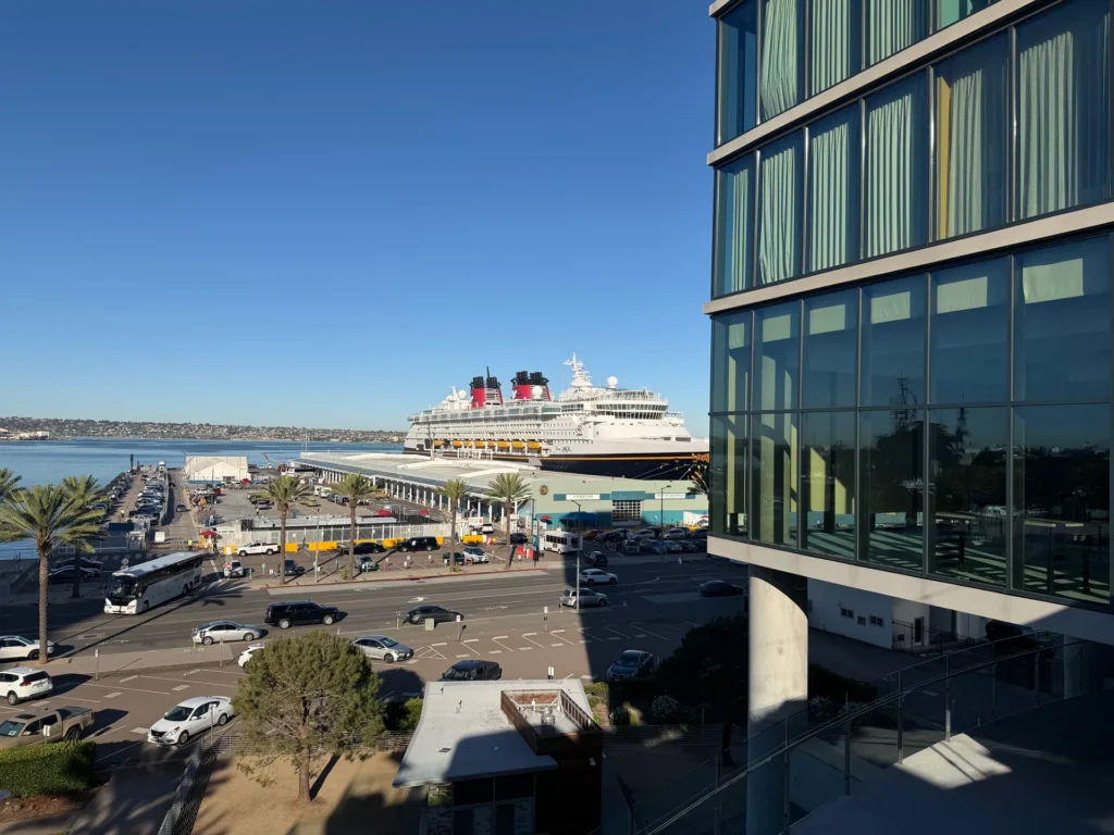 View from SpringHill Suites San Diego across Harbor Drive to the Disney Magic at the B Street cruise terminal