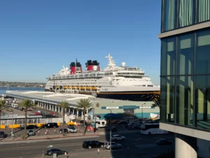 Disney Magic docked at the B Street Pier cruise terminal, seen from SpringHill Suites San Diego across Harbor Drive
