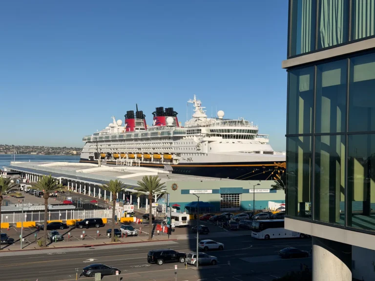 Disney Magic docked at the B Street Pier cruise terminal, seen from SpringHill Suites San Diego across Harbor Drive