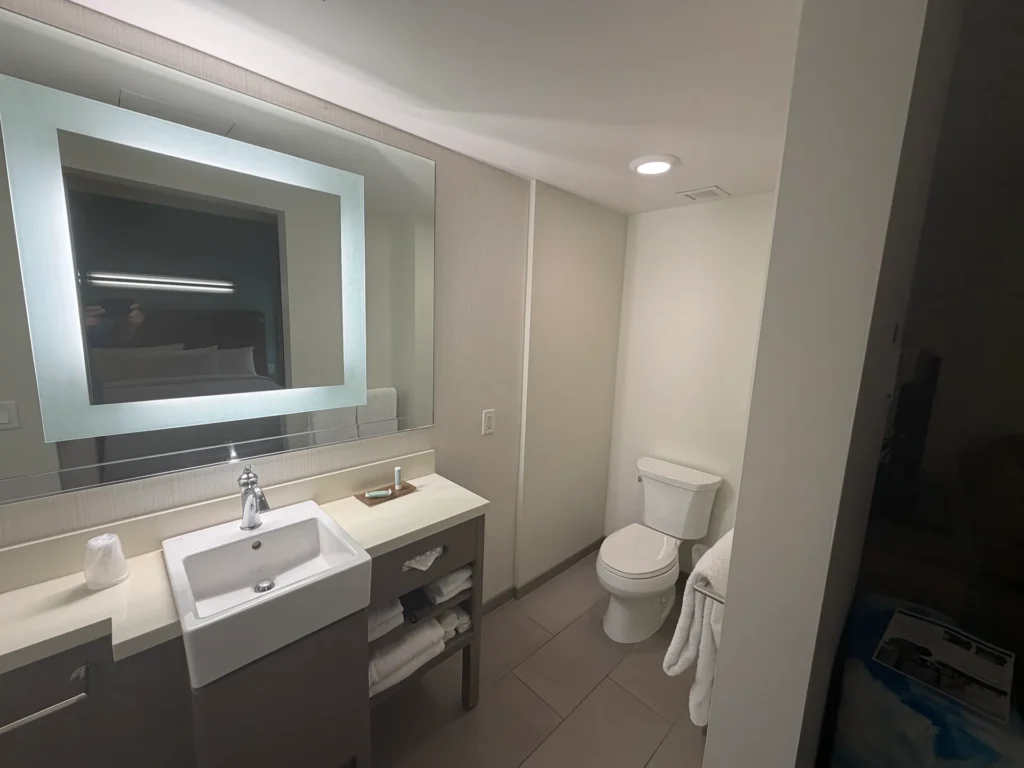 Bathroom vanity with a large lighted mirror and the toilet beside it